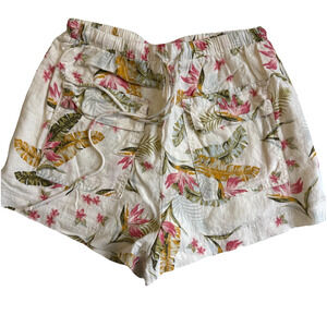 Cream Linen Blend Shorts Size Medium Birds Of Paradise Print Drawstring Pockets
